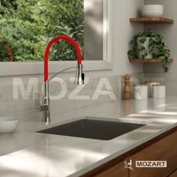 Grifería cocina canilla monocomando Mozart Canadá premium juego de mesada con puente y rociador color rojo 9996