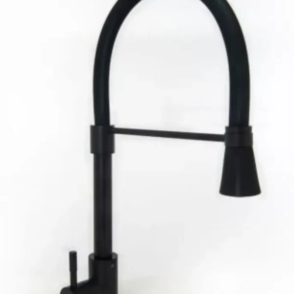 Grifería cocina canilla monocomando Mozart Dallas premium color negro rociador flexible 7082