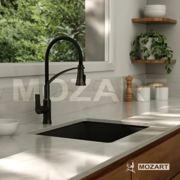Grifería Cocina Canilla Monocomando Mozart Canada Premium Color Negro Con Puente Rociador Extraíble Y Flexible 7075